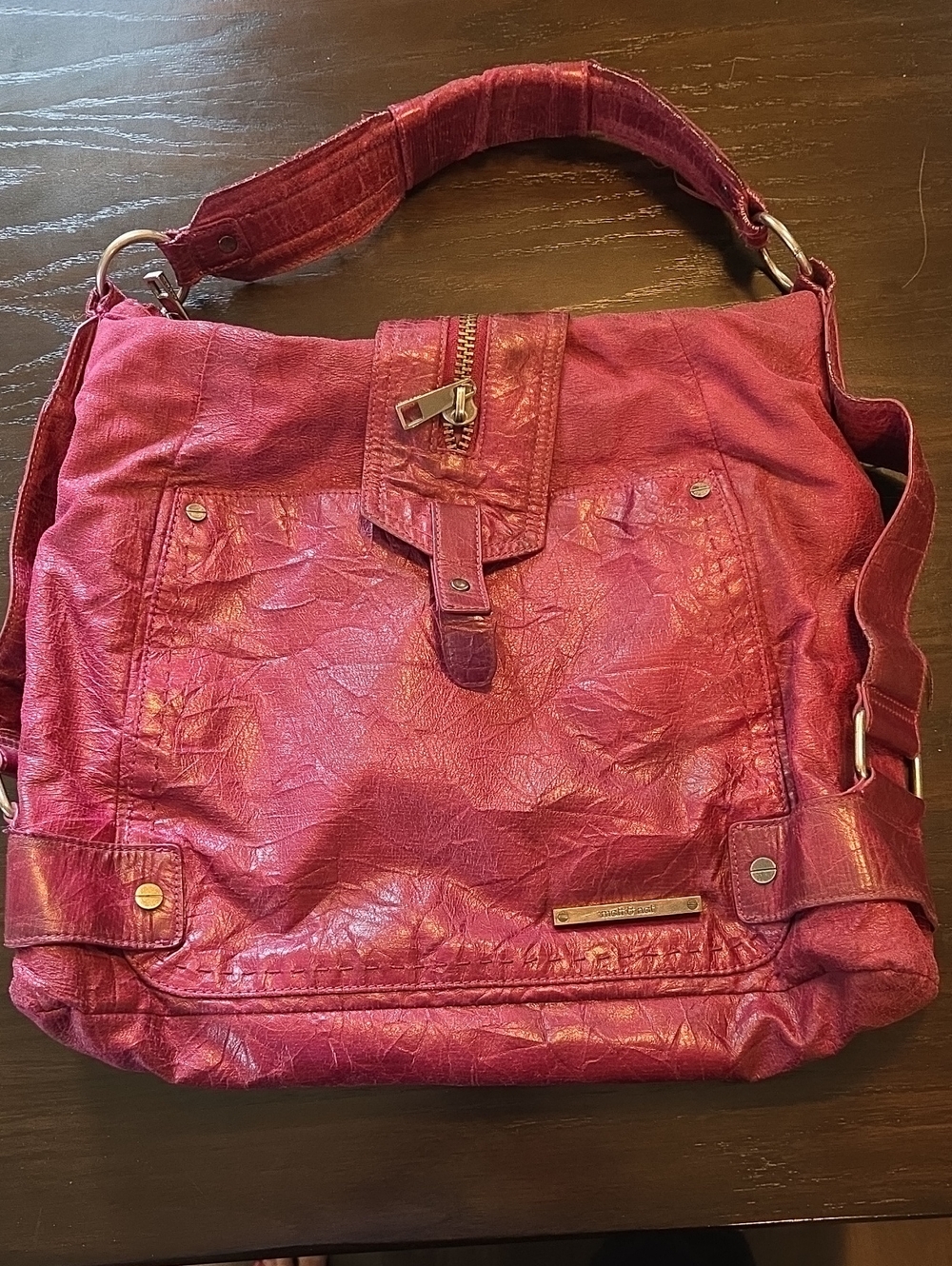 matt & Nat Textured Magenta Shoulder Bag with Front Zip Accent
